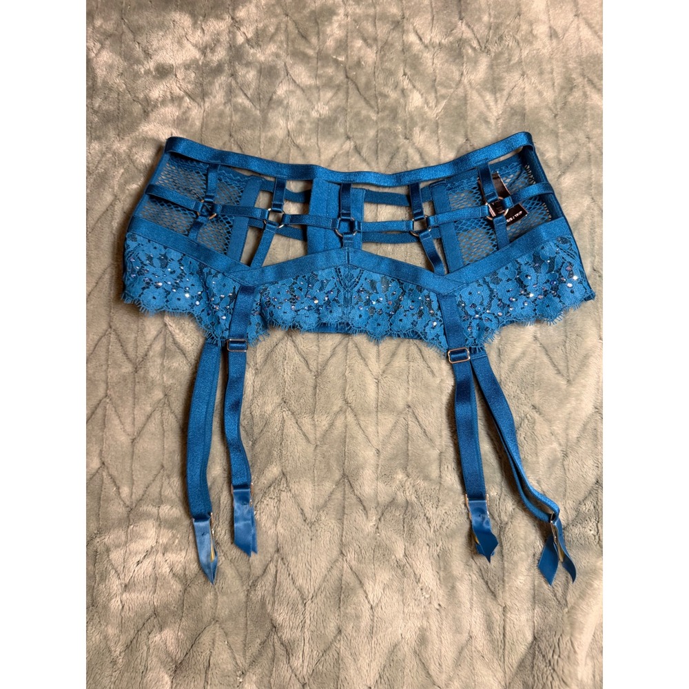 Victorias Secret Teal Blue Lace Sequin Strappy Cage Garter Belt XS